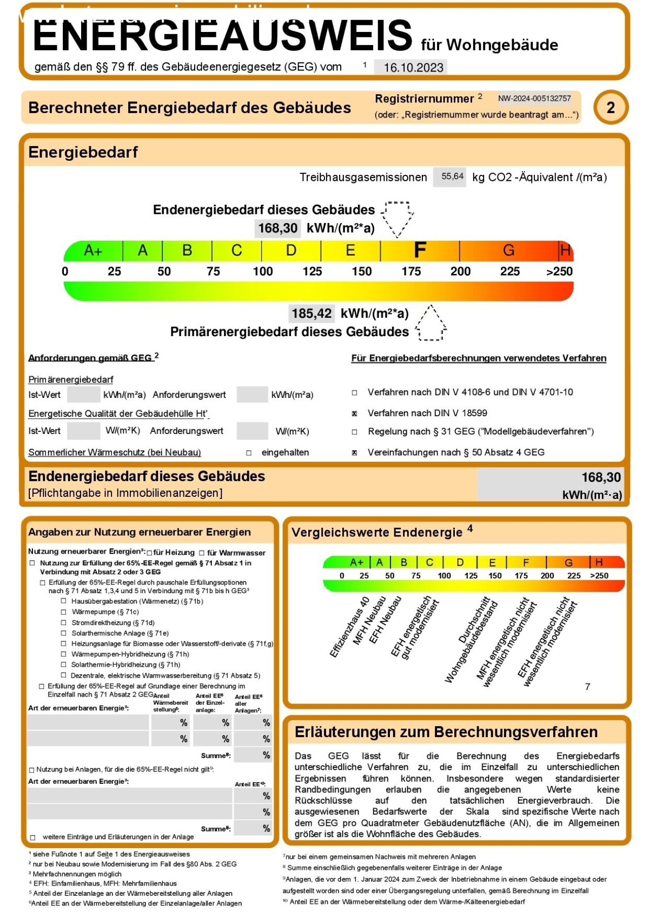 Energiekennziffer "F"  mit 168,30 kWh/(m²*a)